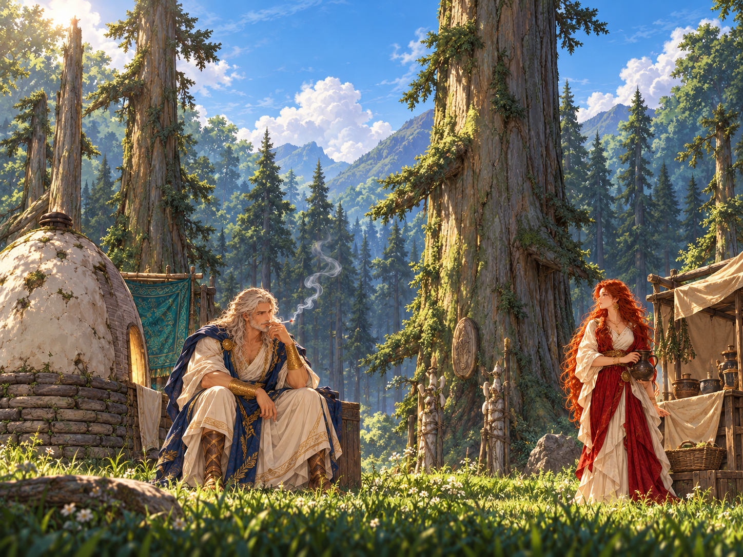 Zeus smoking beside a forest hut while Hestia stands near a stall