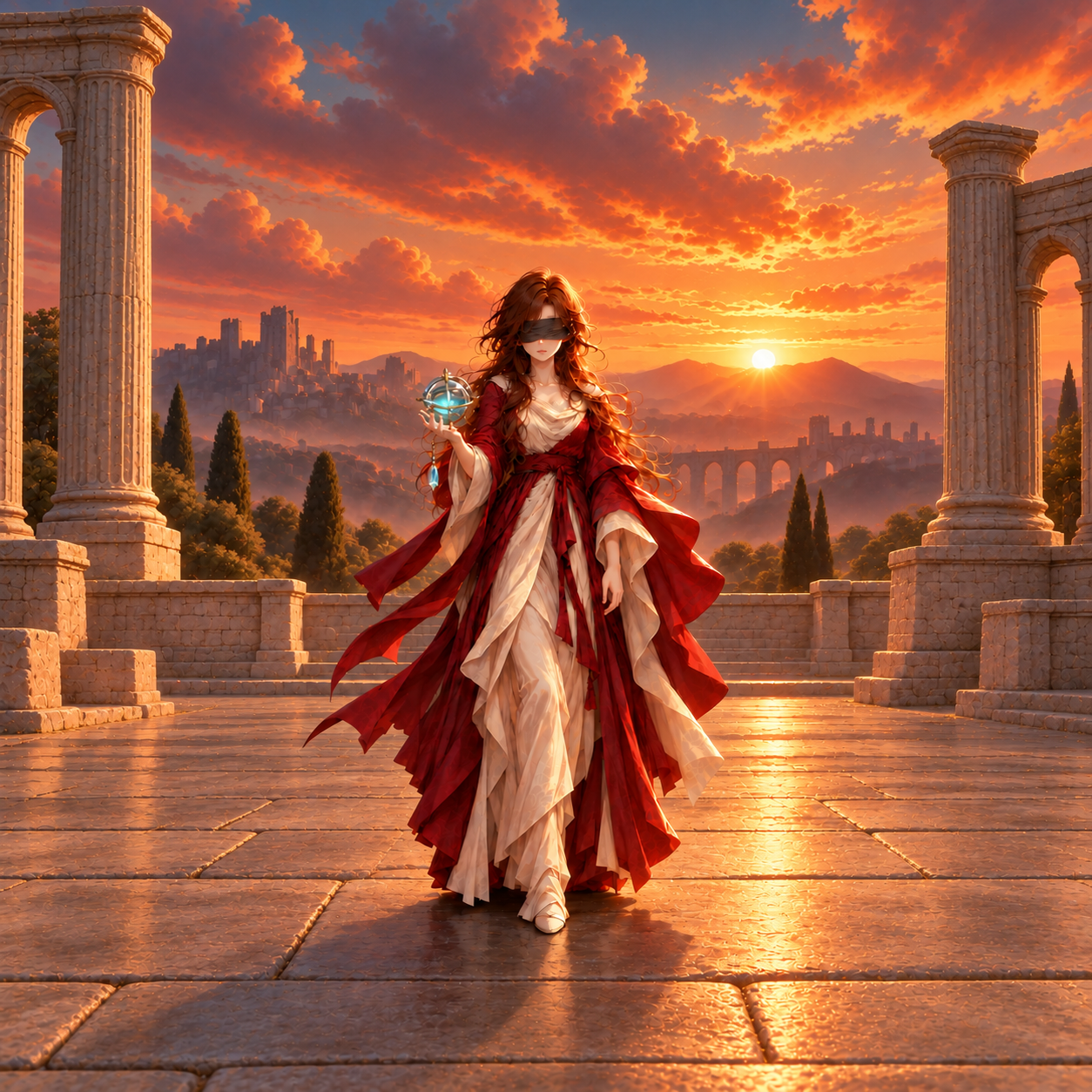 A blindfolded archivist holding a glowing compass in a sunset stone courtyard