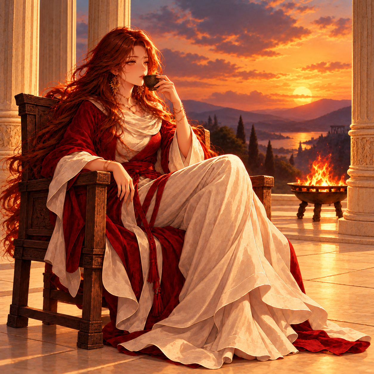 A woman seated in a wooden chair drinking coffee on a sunset temple terrace beside a brazier