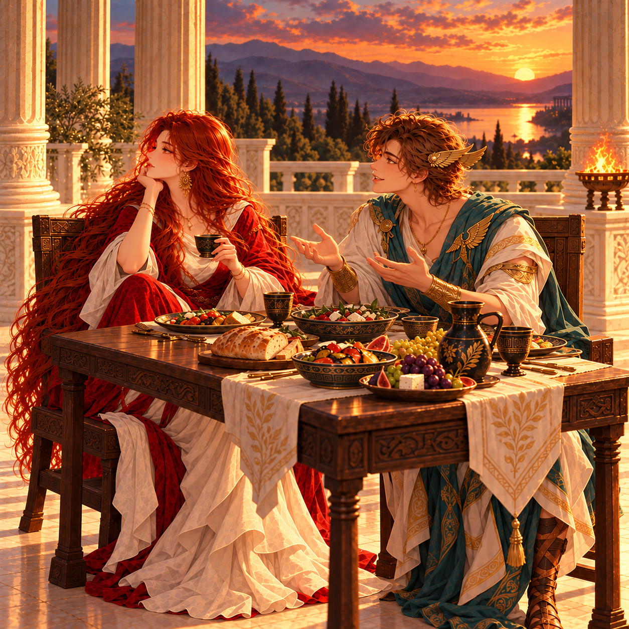 Hermes tries to persuade Hestia at a sunset temple feast while she looks away