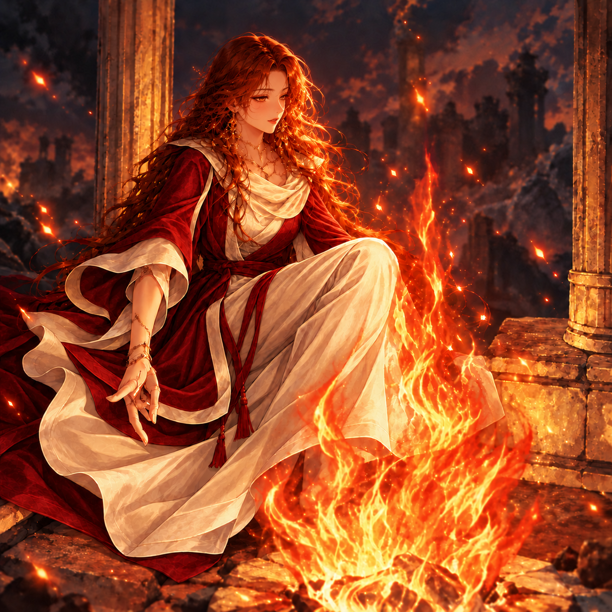An auburn-haired fire keeper gazes toward a flame among ancient columns