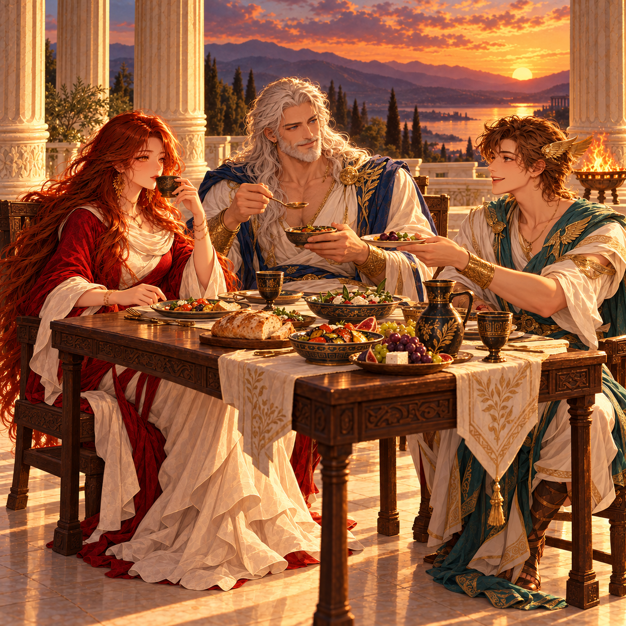 Zeus, Hermes and an auburn-haired woman sharing dinner on a sunset temple terrace