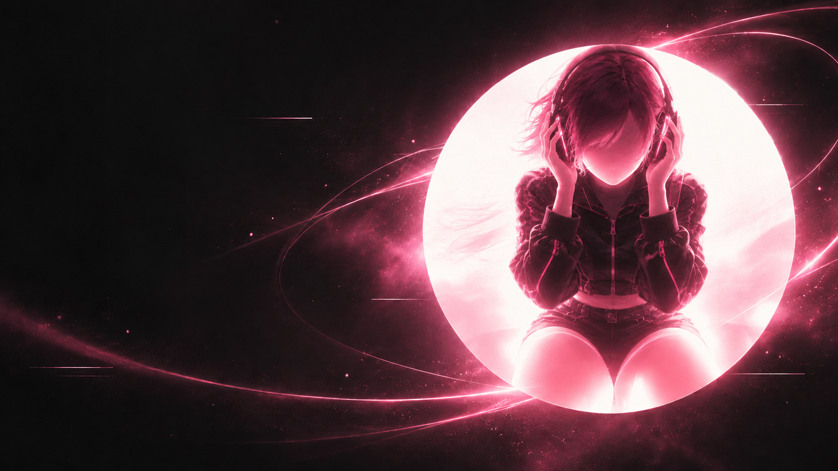 Rose Sonic listener wearing headphones against a pink glow